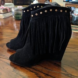 Adriana fringe peep toe wedges